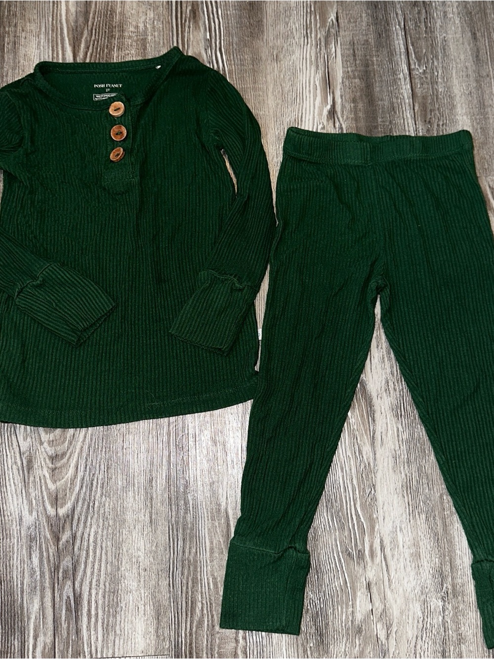 Posh Peanut Dark Green Ribbed Pajama Set with Wood Buttons